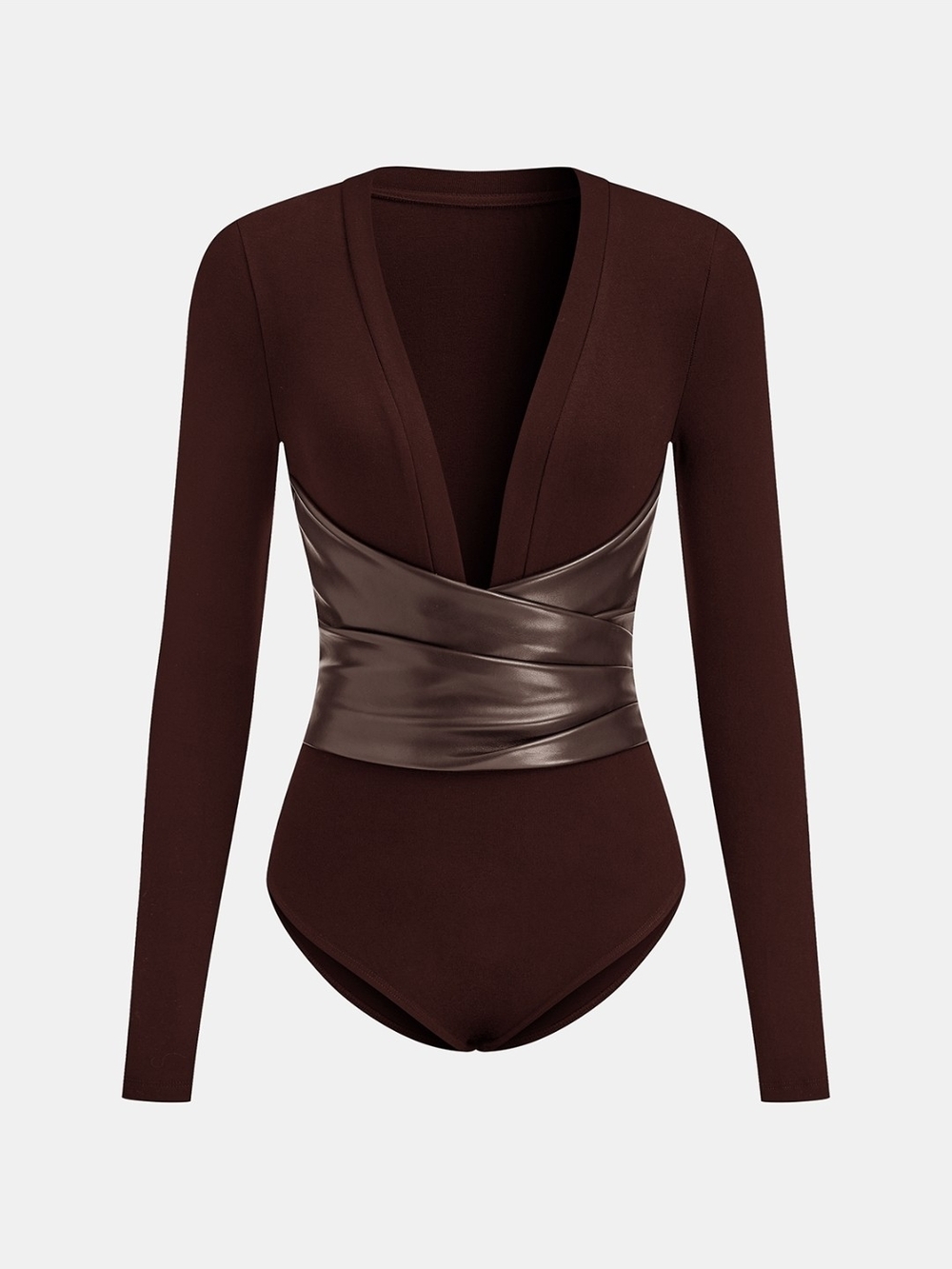 Commense Burgundy Faux-Wrap Long-Sleeve Bodysuit